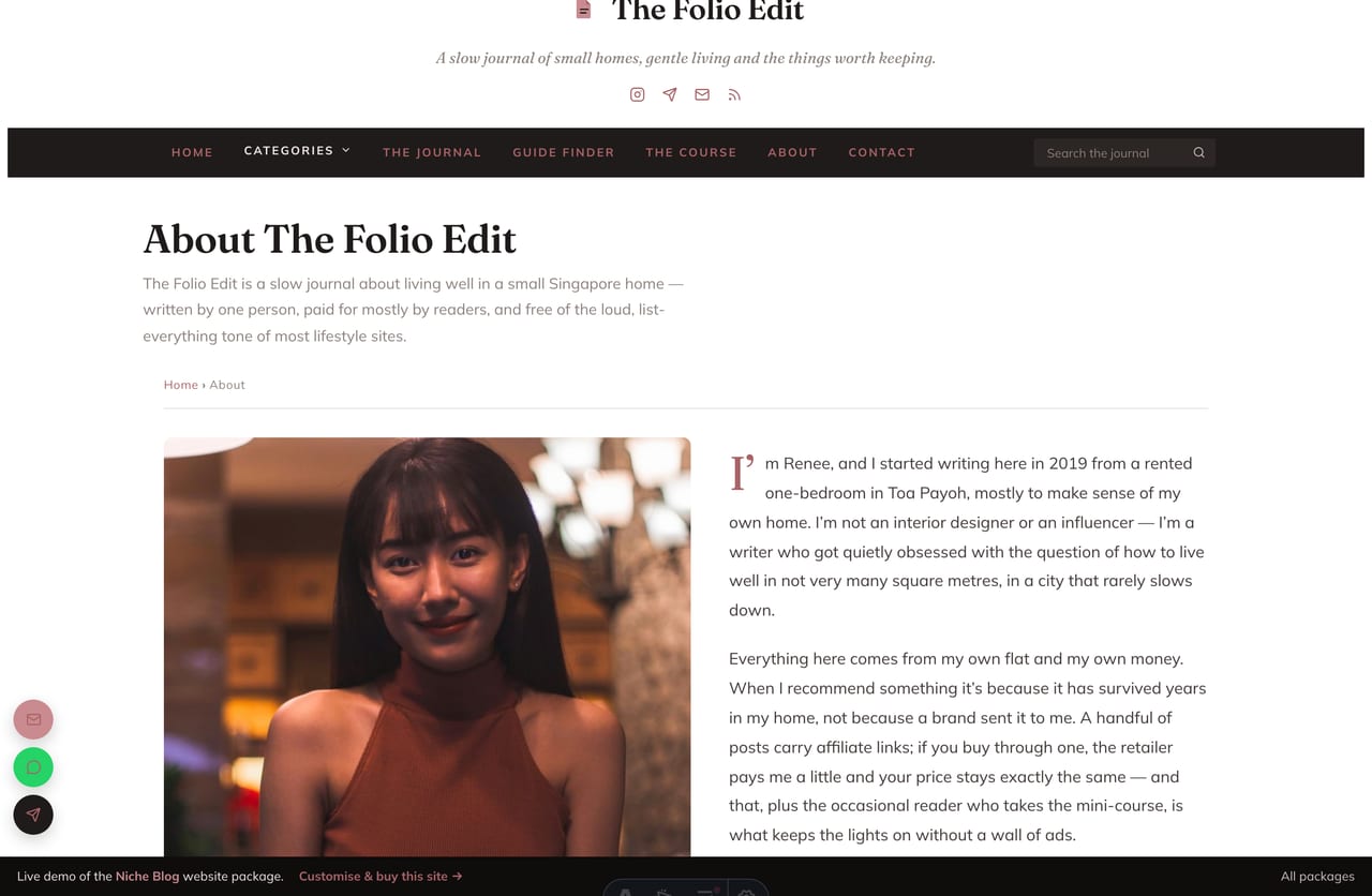 About and editorial-ethics page on a Singapore niche lifestyle blog