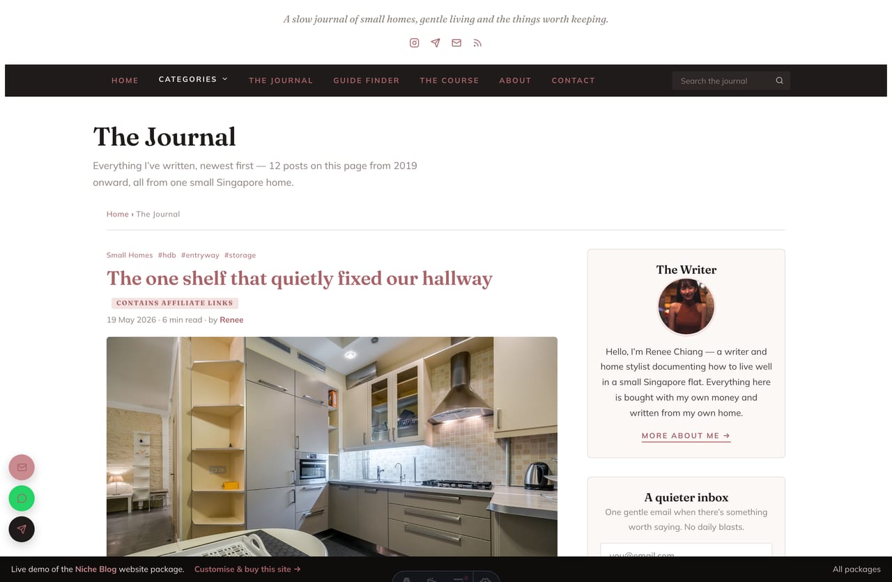 Two-column blog feed with sidebar widgets on a niche blog website in Singapore