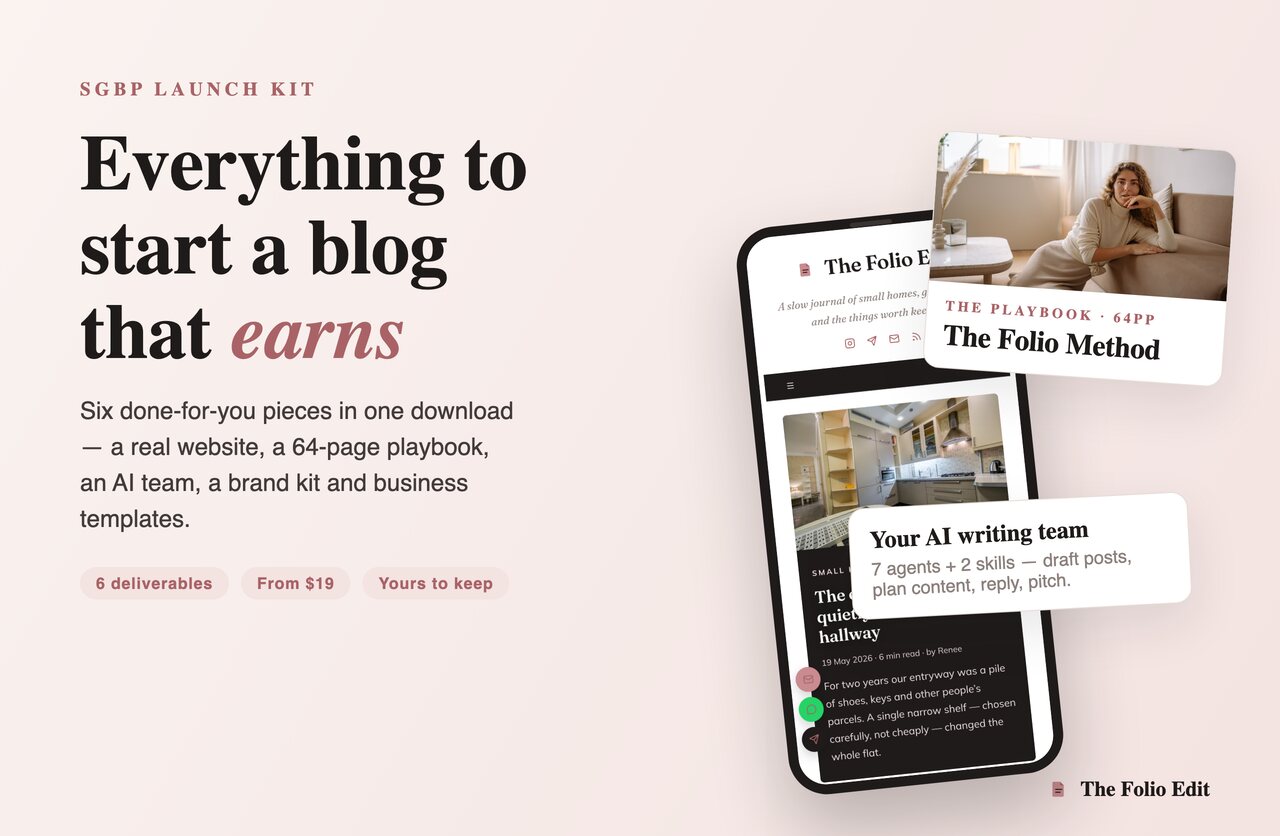 Everything in the Folio Method blogging launch kit — book, website, AI agents, brand kit, templates and email course