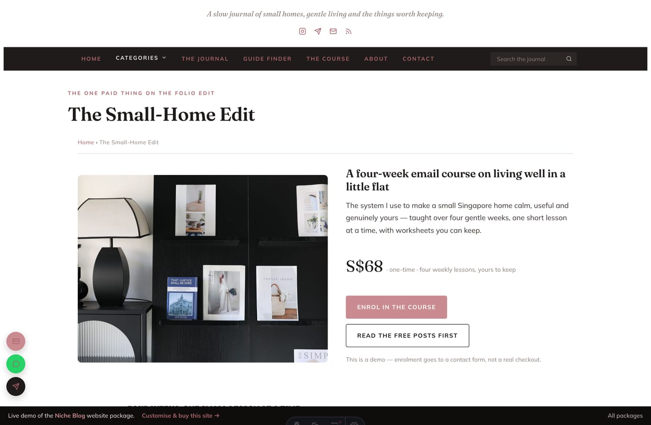 Paid mini-course sales page on a niche blog website in Singapore