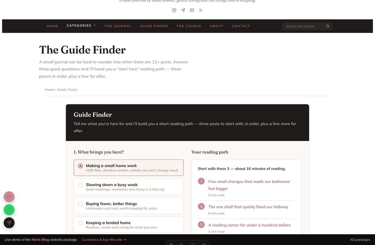 Interactive Guide Finder content recommender on a niche blog website