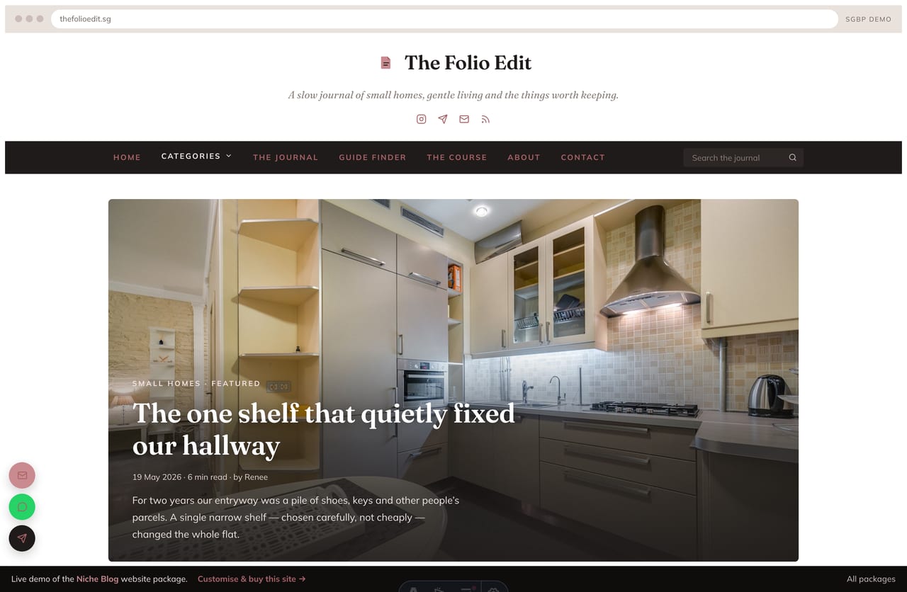 Niche blog website homepage demo — featured-post hero, article feed and editorial sidebar (Singapore lifestyle blog)