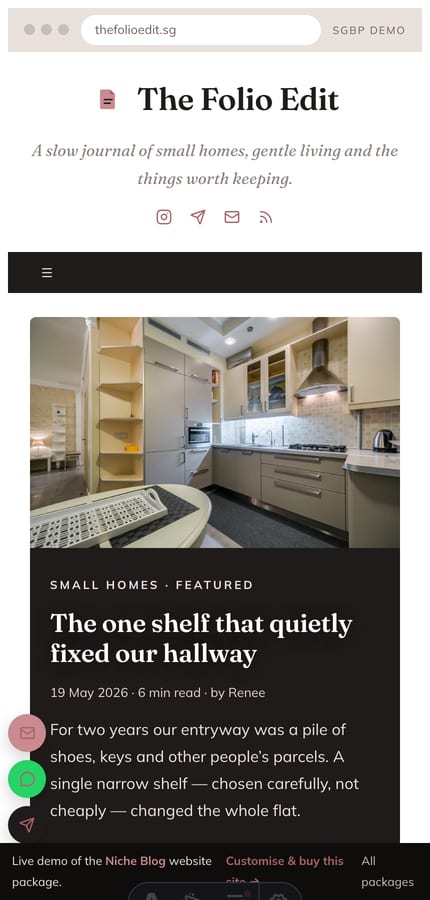 Mobile view of a niche blog website with editorial feed and sidebar