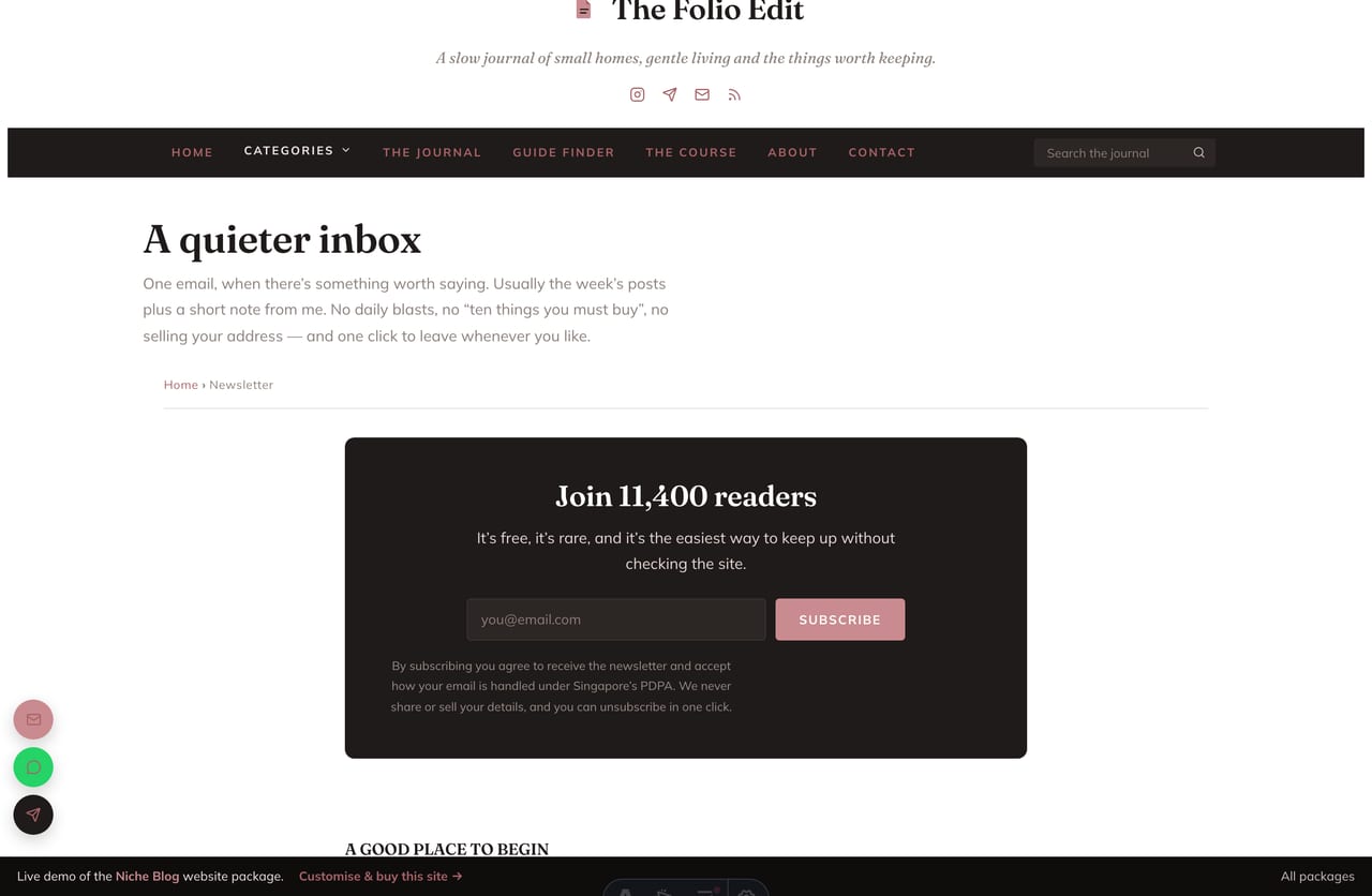 Newsletter sign-up page with PDPA consent on a Singapore niche blog website