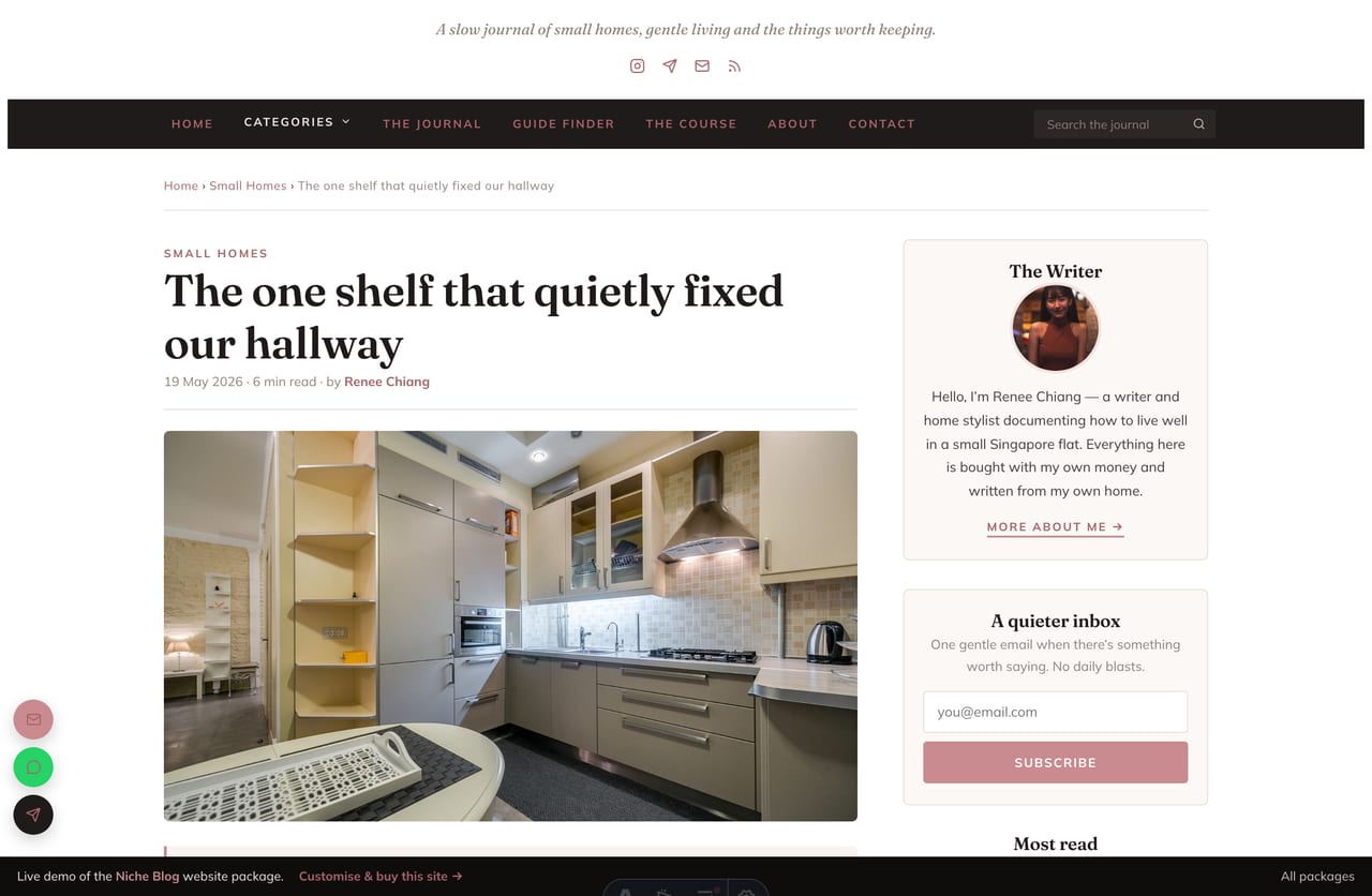 Blog post detail page with drop-cap, affiliate disclosure and related posts