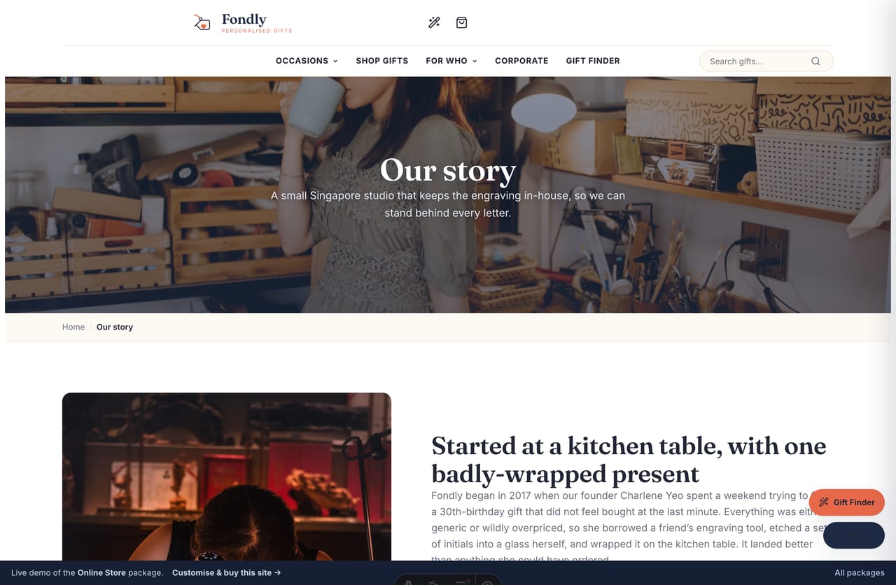 About / brand story page on the Fondly Singapore personalised-gifts store
