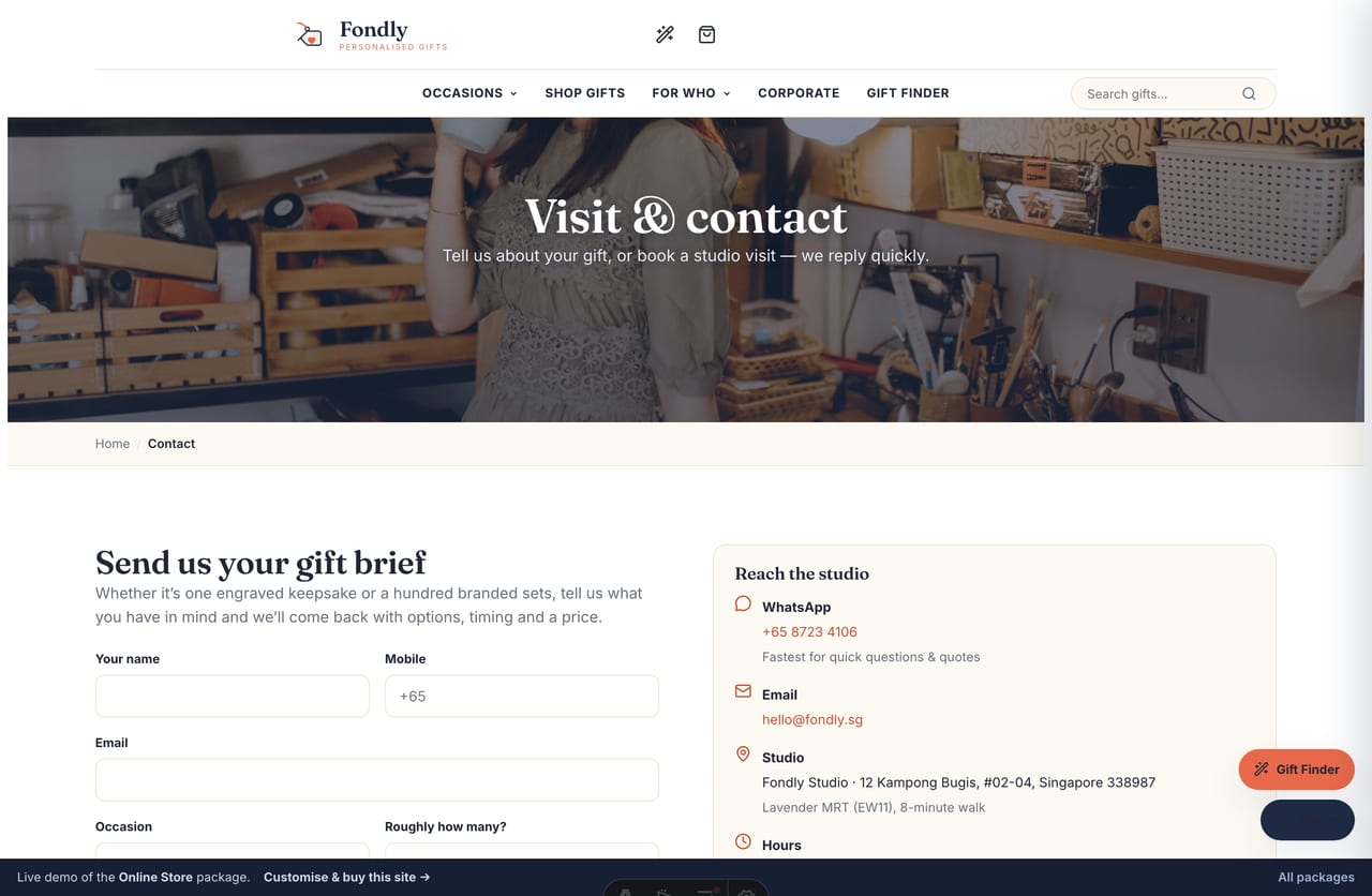 Contact and gift-brief enquiry page on the Fondly personalised-gifts store
