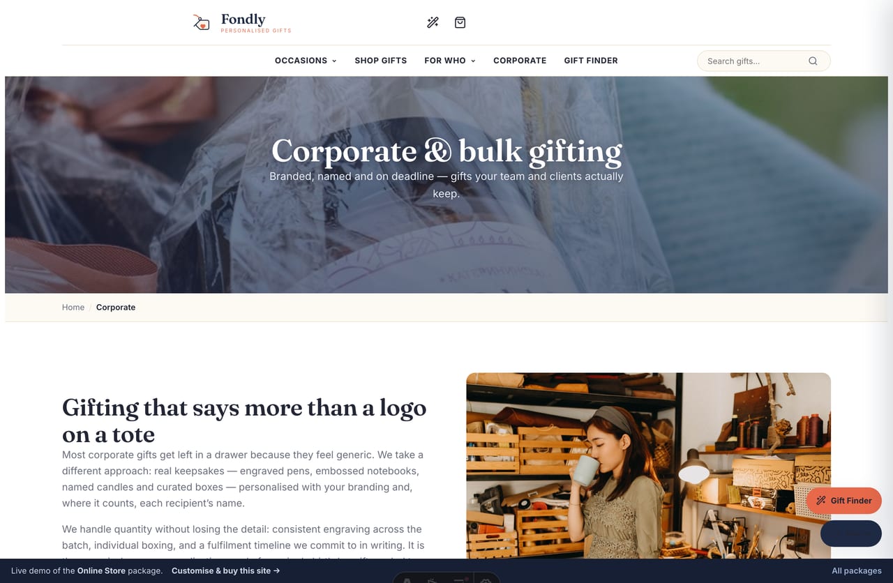Corporate and bulk gifting page on the Fondly personalised-gifts store website