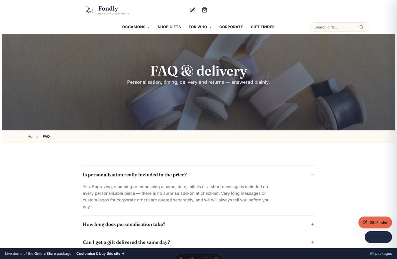 FAQ page covering personalisation, timing and delivery on a Singapore personalised-gifts store
