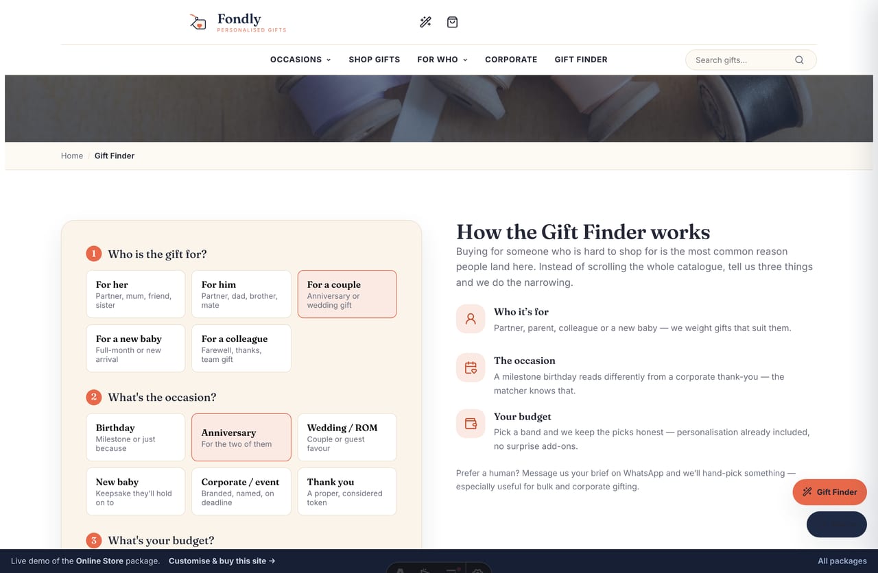 Gift Finder recommender tool on the Fondly Singapore personalised-gifts store