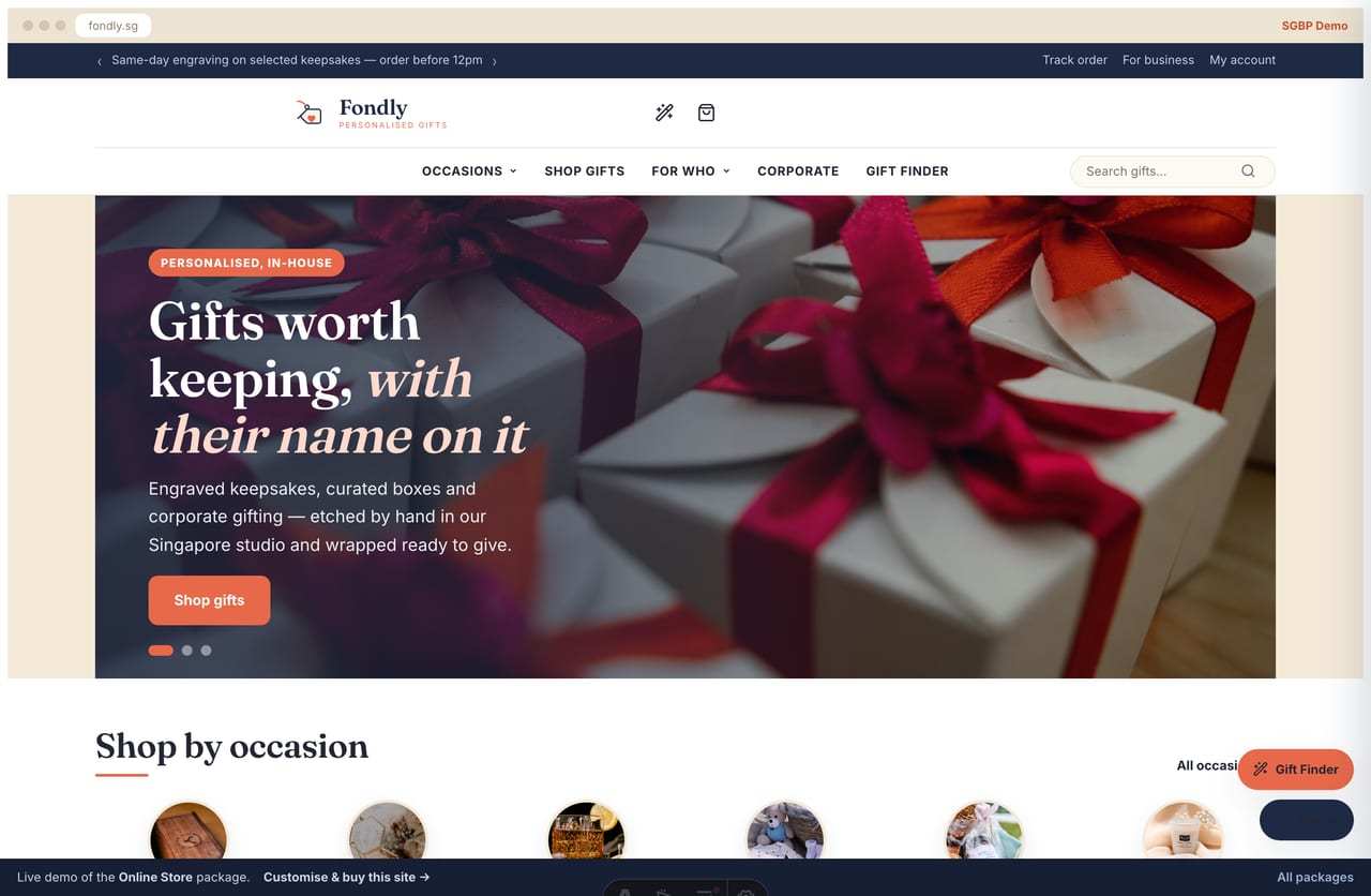 Fondly personalised-gifts store homepage demo — banner hero, occasion icon row and most-gifted product grid (Singapore)