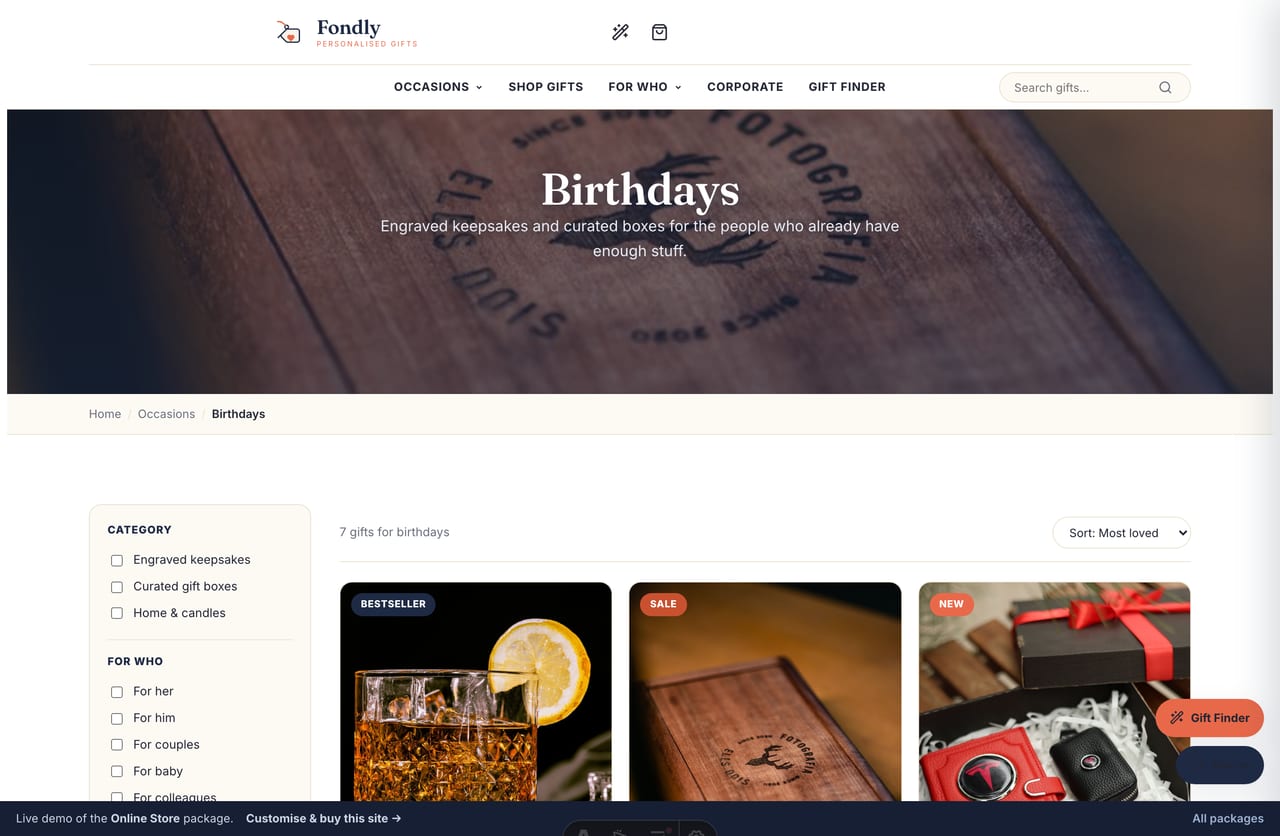Birthday occasion collection page on the Fondly Singapore personalised-gifts store