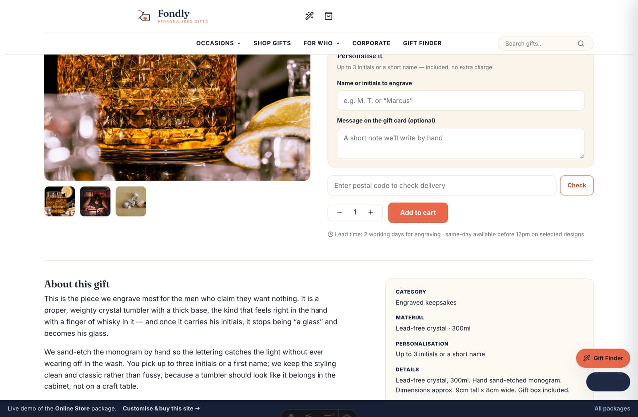 Personalisation form with name/initials and gift-card message fields on a Singapore personalised-gifts product page
