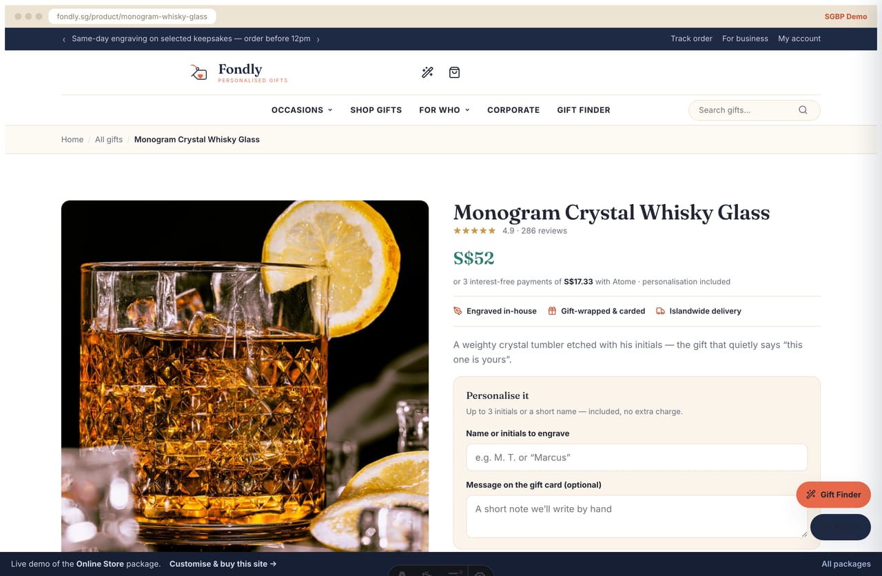 Product page with gallery, SGD price, Atome line, trust badges and an Add to cart button on the Fondly store