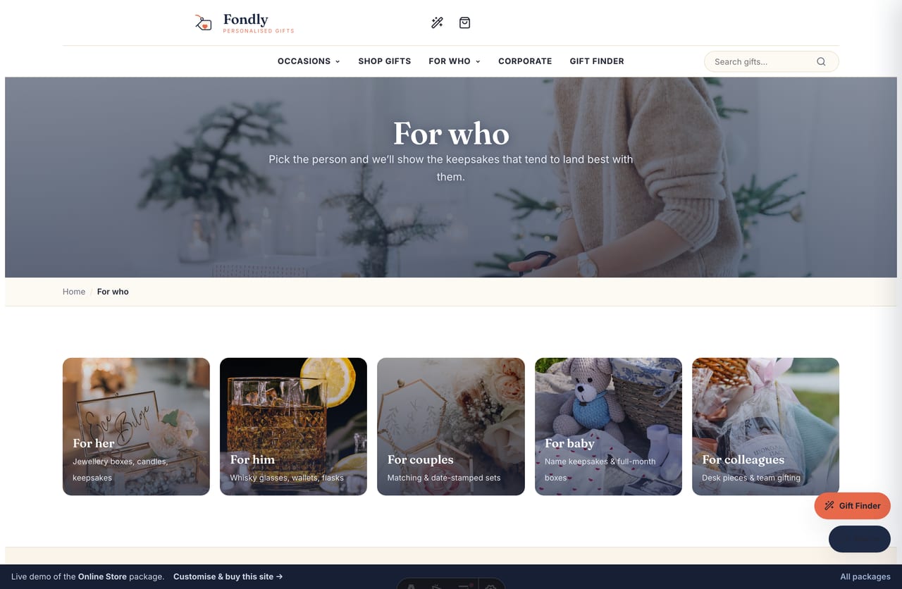 For-who recipient tiles page on the Fondly Singapore personalised-gifts store