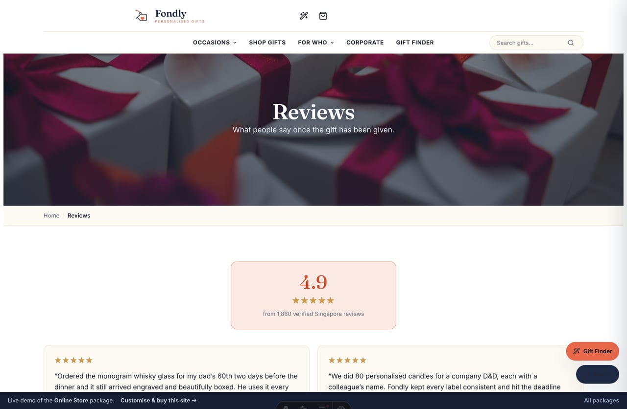 Customer reviews and rating badge on the Fondly personalised-gifts store website