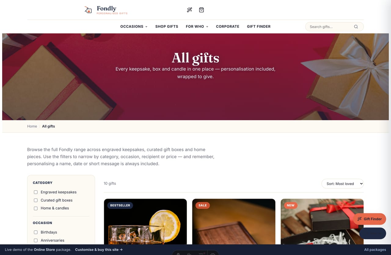 Shop-all page with a left filter sidebar and filterable gift grid with SGD pricing on a Singapore personalised-gifts store