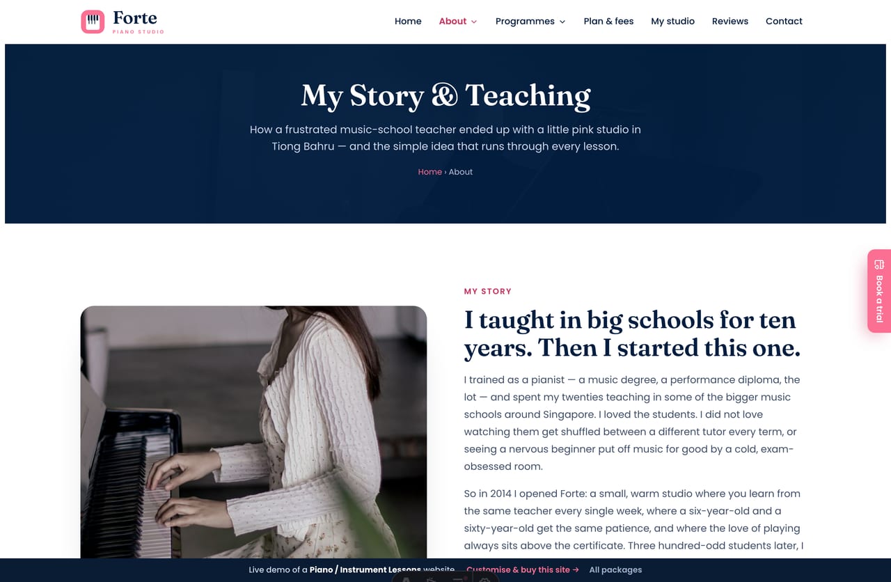 The About page for a Singapore piano studio — the teacher’s story, a stats band and the teaching team