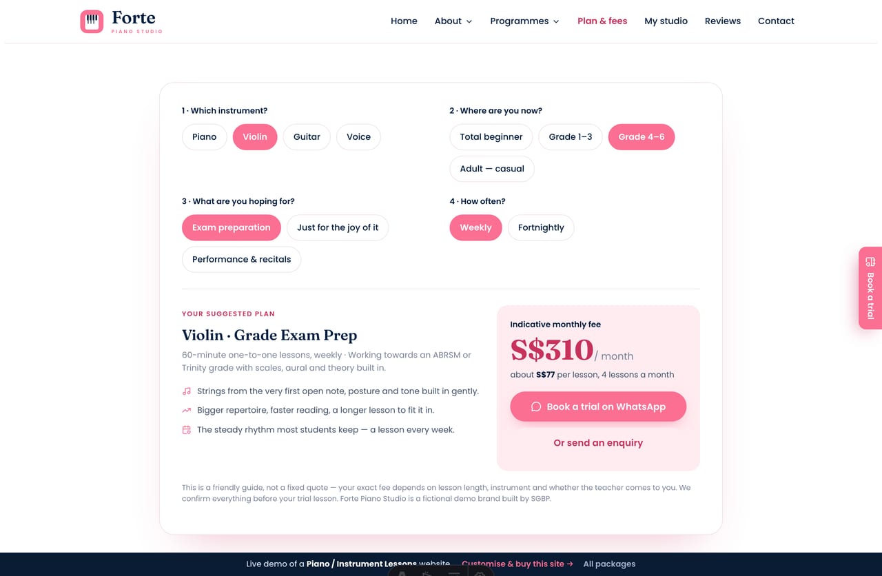 Lesson Plan Builder result on a Singapore piano site — a suggested programme with an indicative monthly fee and a book-a-trial CTA