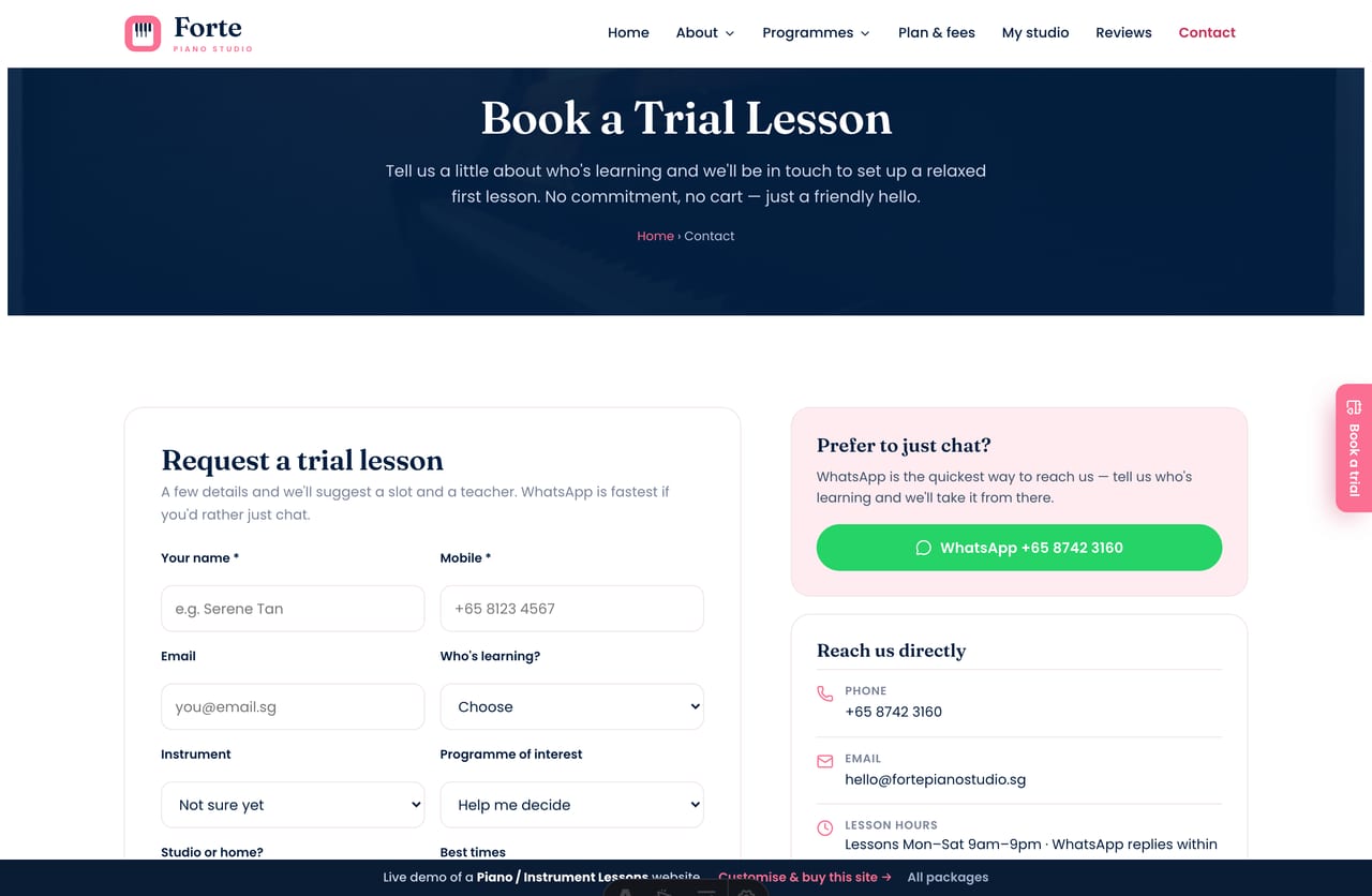 Book-a-trial page on the Forte demo — a PDPA-aware trial-booking form with instrument, programme and time