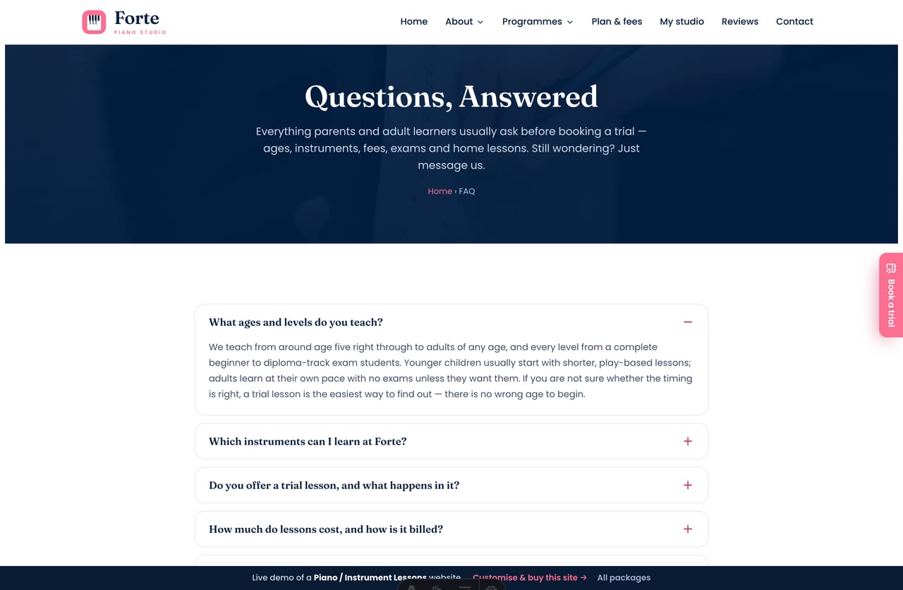 FAQ page on the Forte demo — a friendly question-and-answer accordion for parents and adult learners