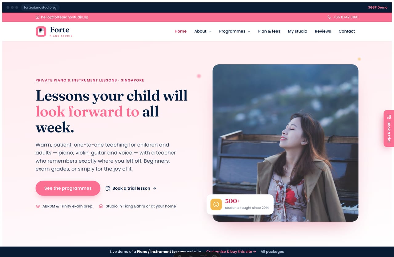 Forte Piano Studio Singapore website homepage demo — a pink and navy site with a soft-pink hero, a teacher photo, feature cards and a lesson plan builder
