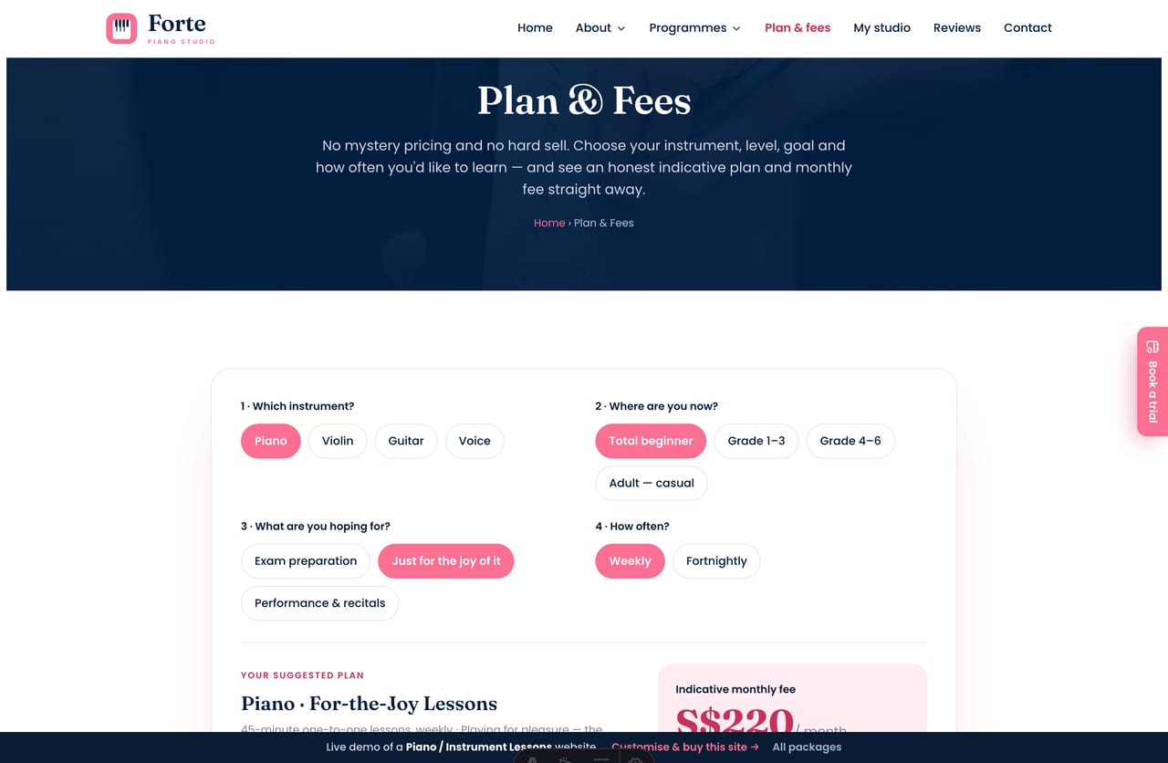 The interactive Lesson Plan Builder on the Forte demo — pick instrument, level, goal and frequency to see a recommended plan and monthly fee