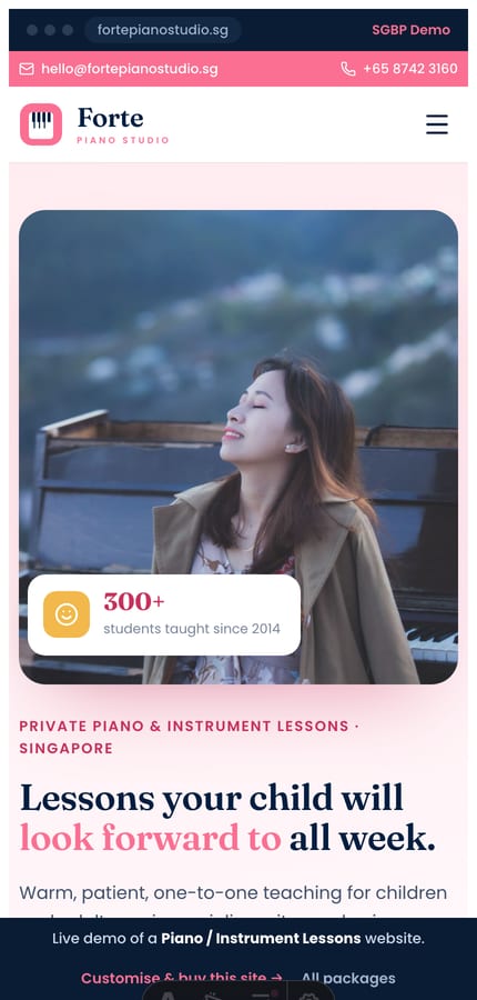 The Forte piano website on mobile — the soft-pink hero and book-a-trial CTA at 430px