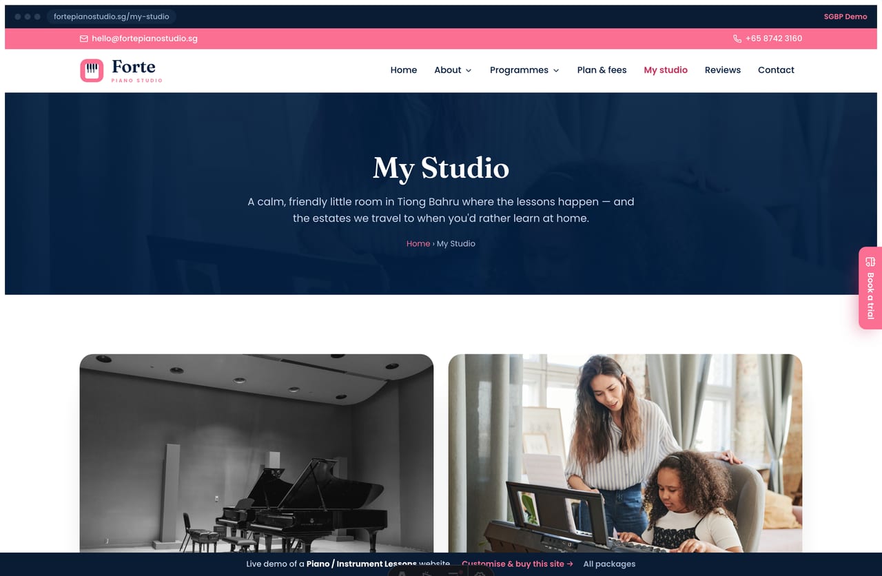 My Studio page on the Forte demo — studio photos, facilities and the home-lesson coverage areas