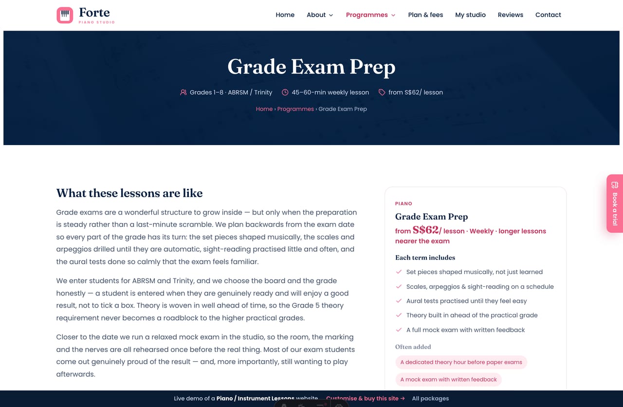 A programme detail page on the Forte demo — a dark photo banner with a centered title and a sidebar article with what is included