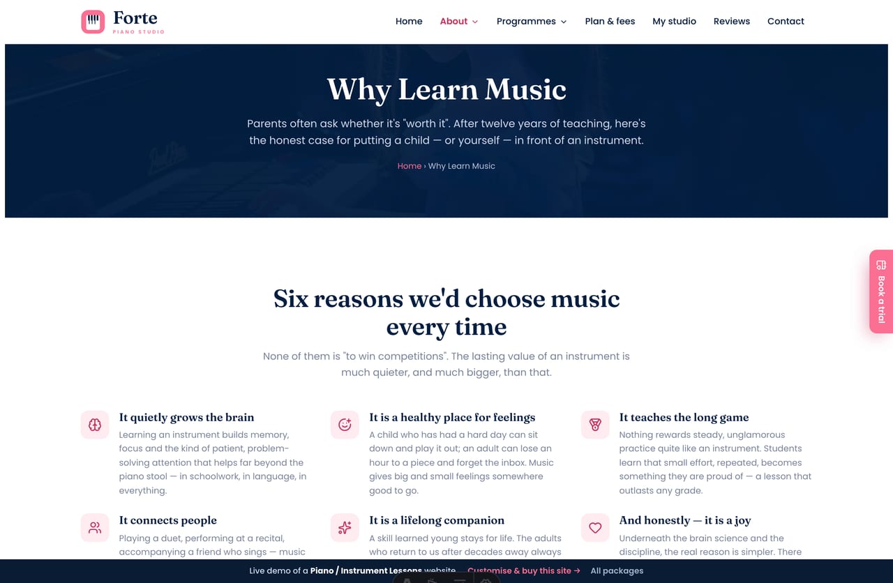 Why Learn Music page on the Forte demo — the case for learning an instrument as reason cards