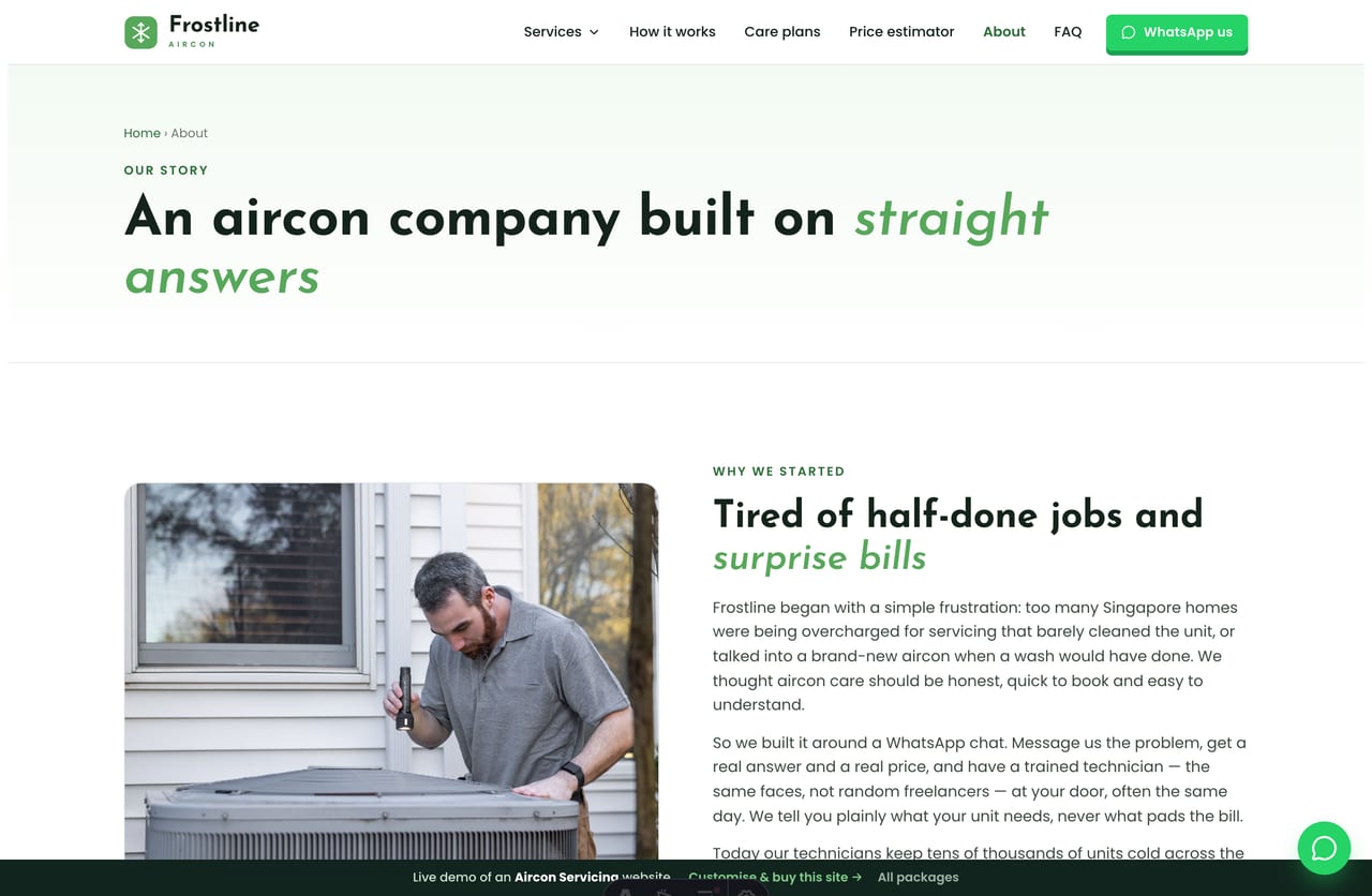 The About page for a Singapore aircon-servicing trade — founder story, the team of technicians and the values they stand by
