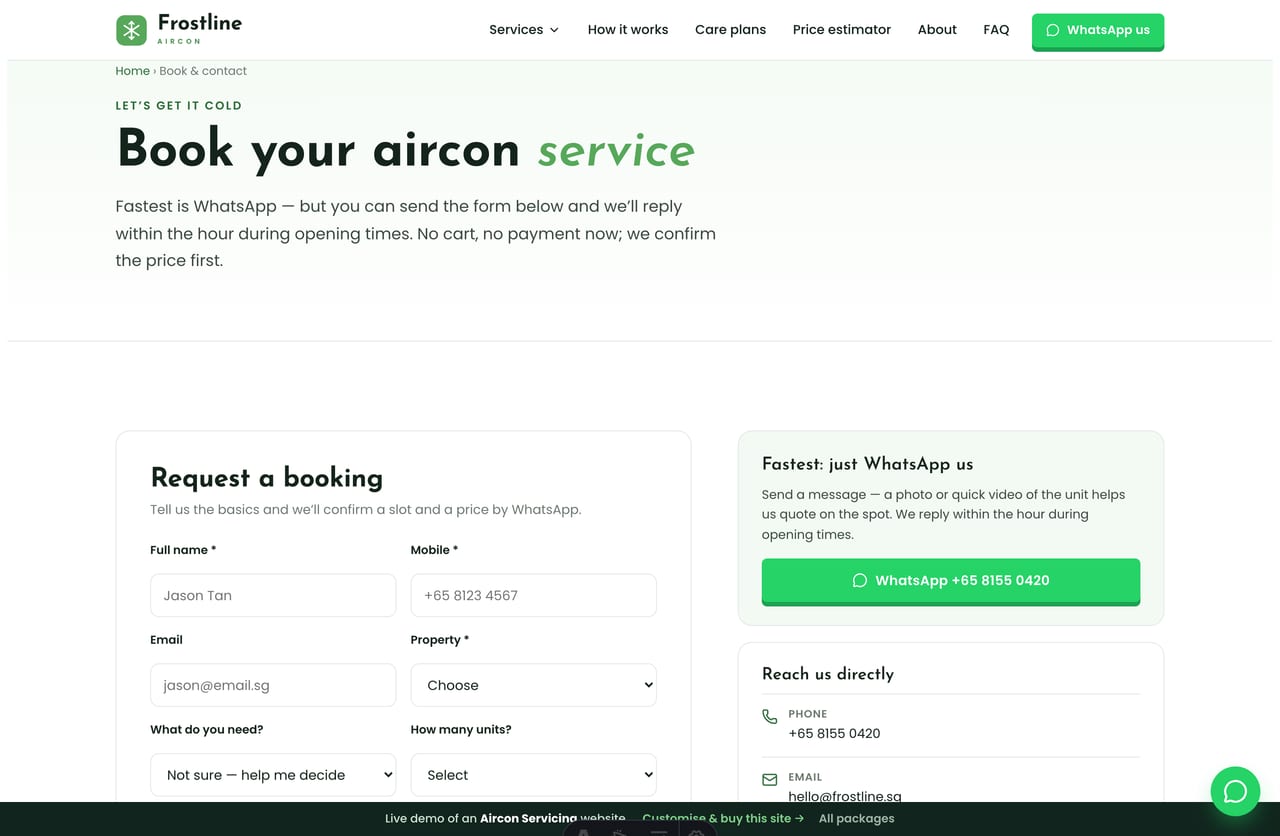 Booking & contact page on the Frostline demo — a PDPA-aware service-request form with service, units and area selection, no cart