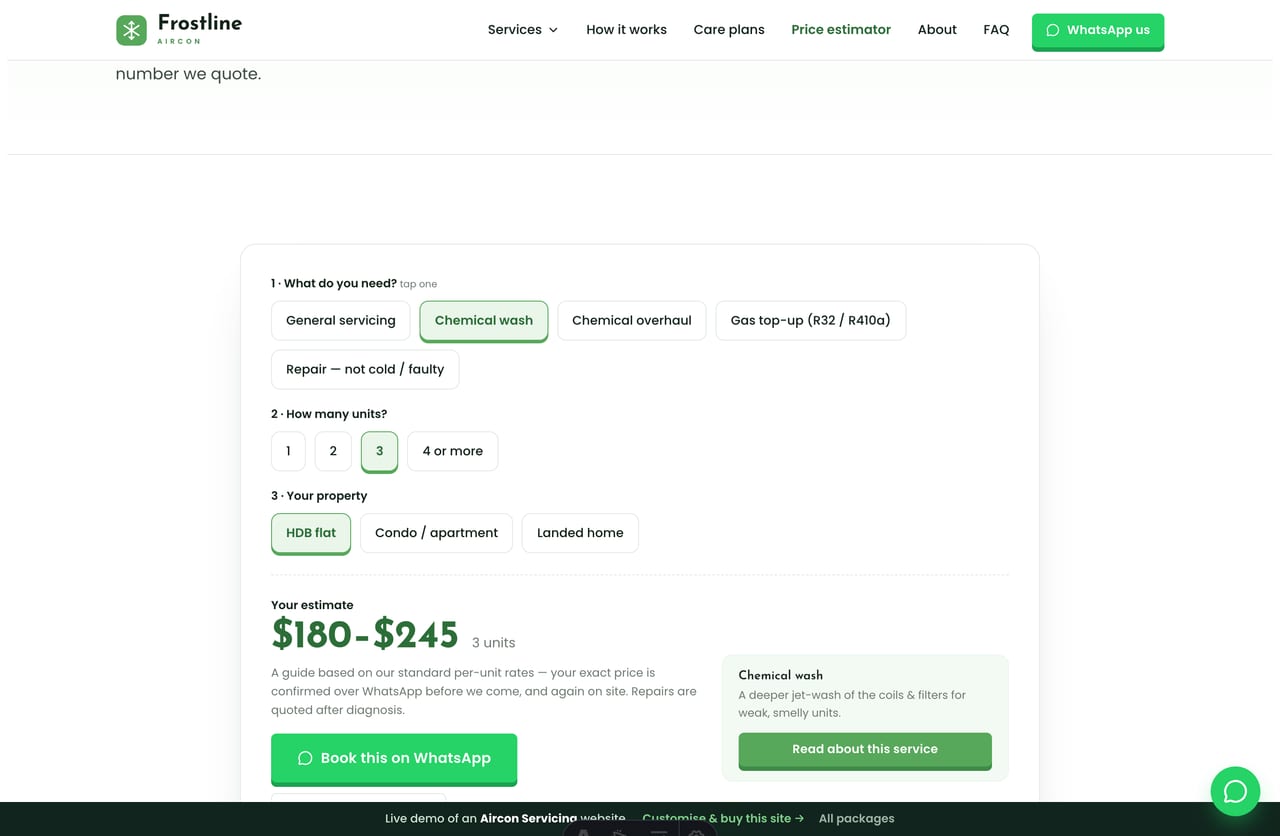 Aircon Service Estimator result on a Singapore aircon site — a live price range, the recommended service and a WhatsApp booking CTA