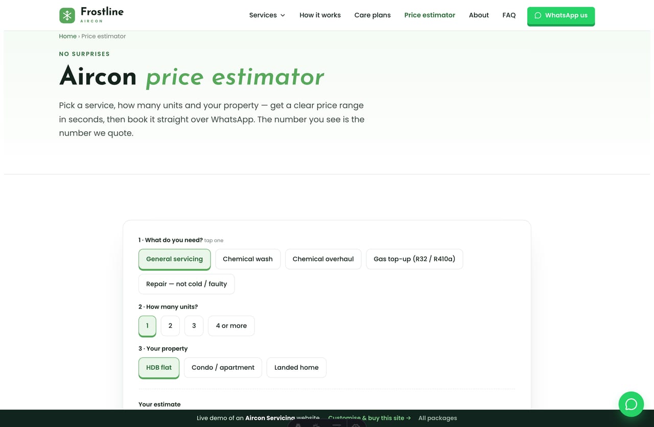 The interactive Aircon Service Estimator on the Frostline demo — pick a service, number of units and property type for a live price range