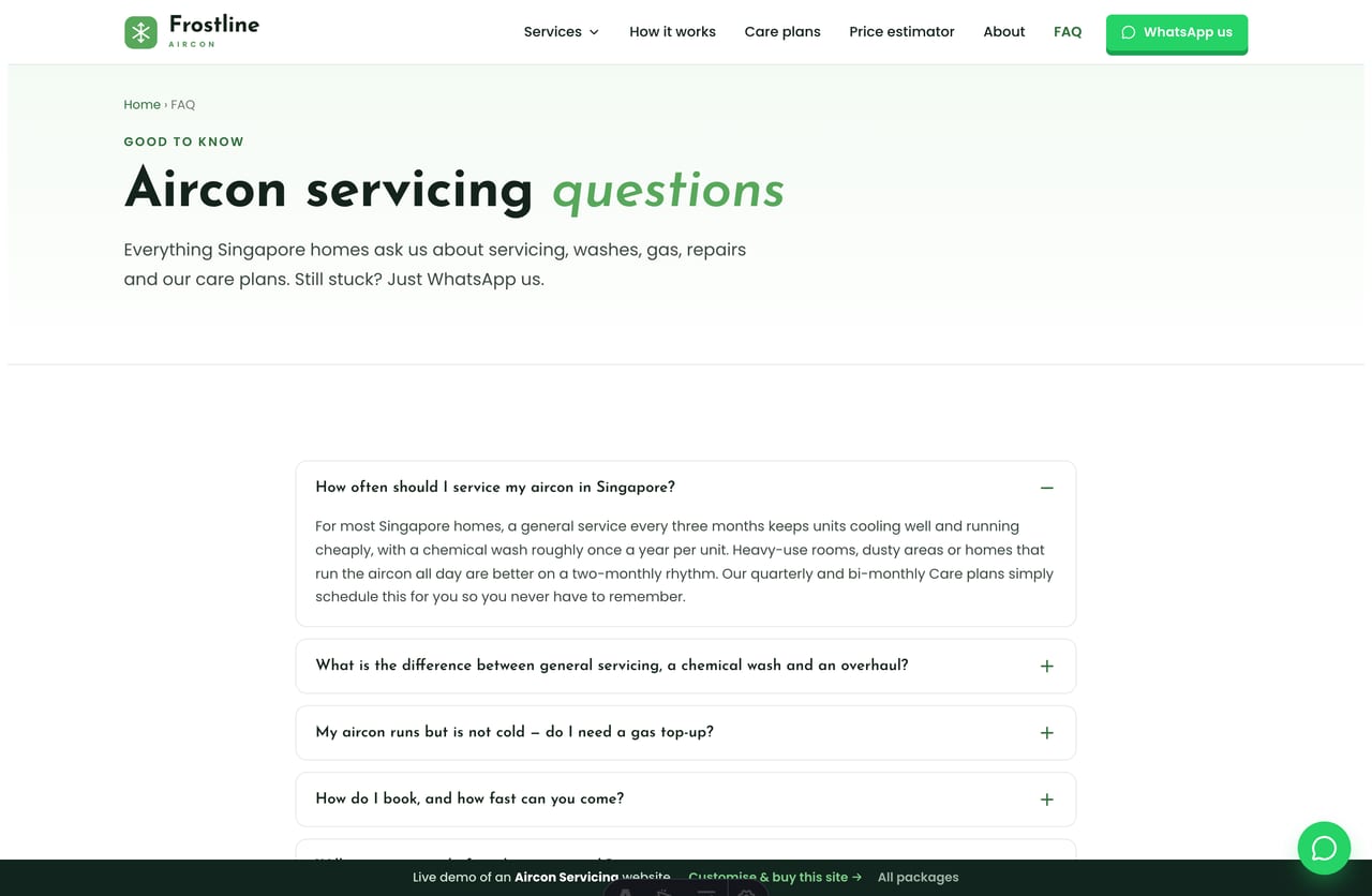 FAQ page on the Frostline demo — an accordion of common questions about servicing frequency, washes, gas top-ups, repairs and care plans