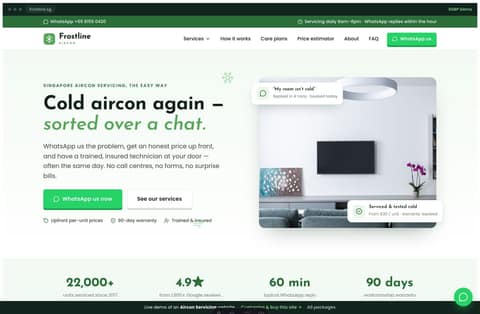 Frostline aircon servicing Singapore website homepage demo — a split WhatsApp-first hero, cool-green layout with service families and an estimator