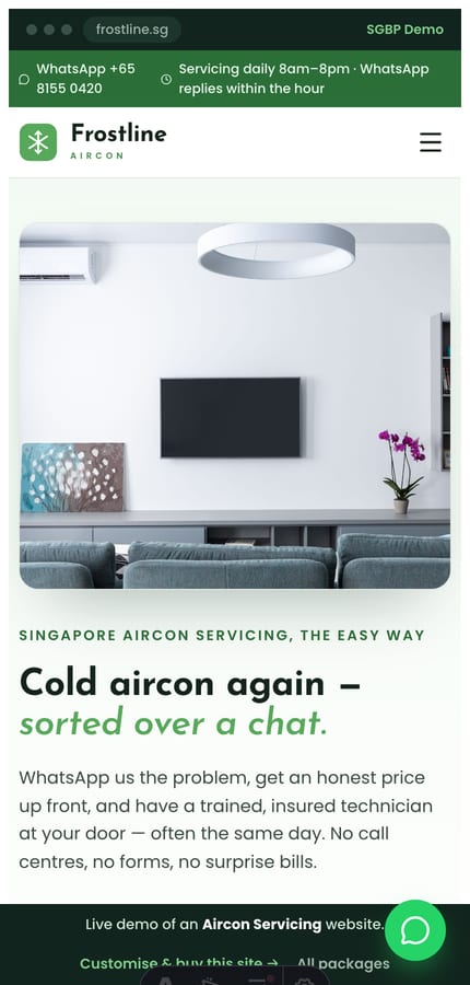 The Frostline aircon-servicing website on mobile — split hero and a sticky WhatsApp CTA at 430px
