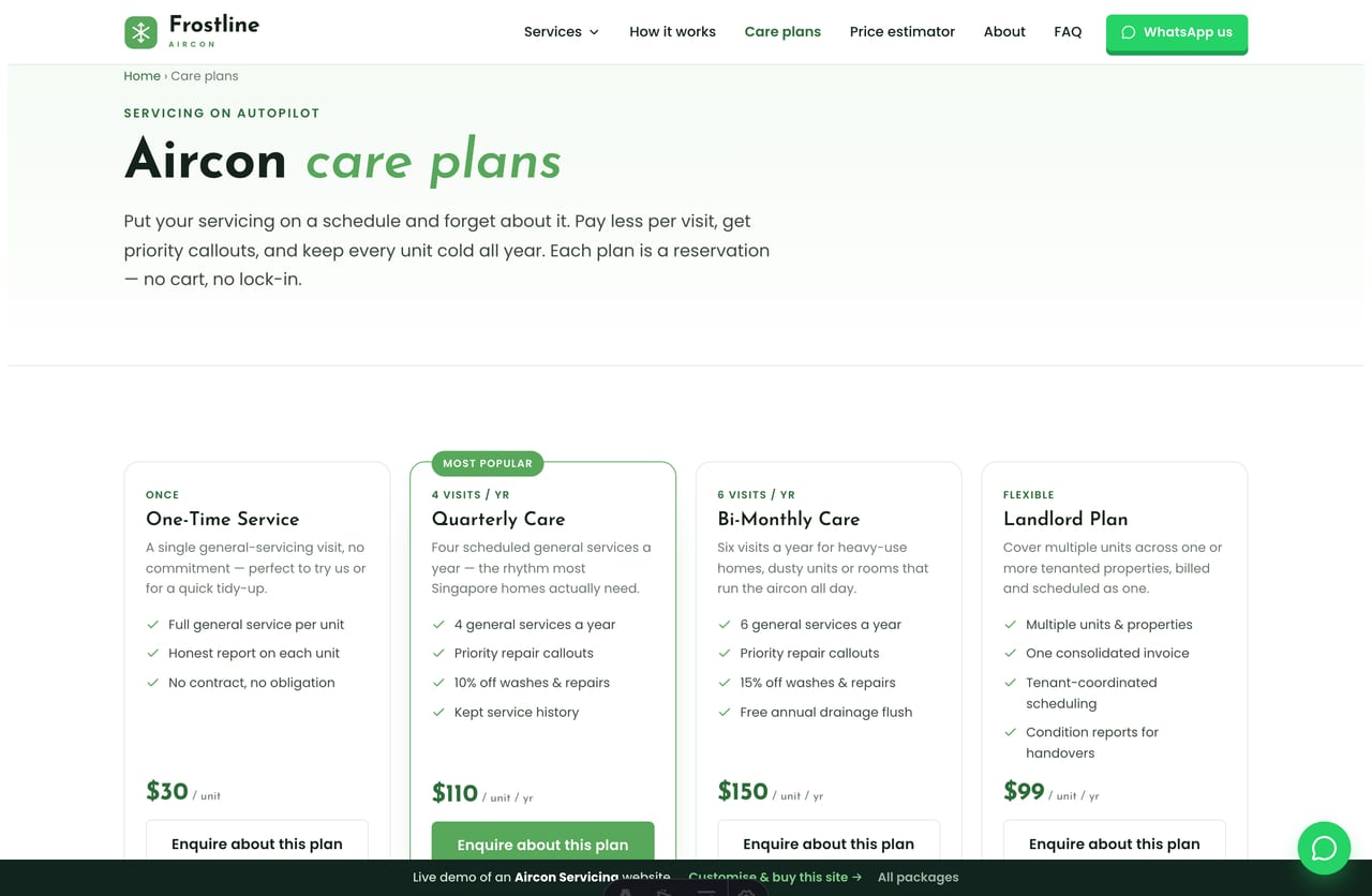 Aircon care plans page on the Frostline demo — one-time, quarterly, bi-monthly and landlord plans as reservation cards, no cart