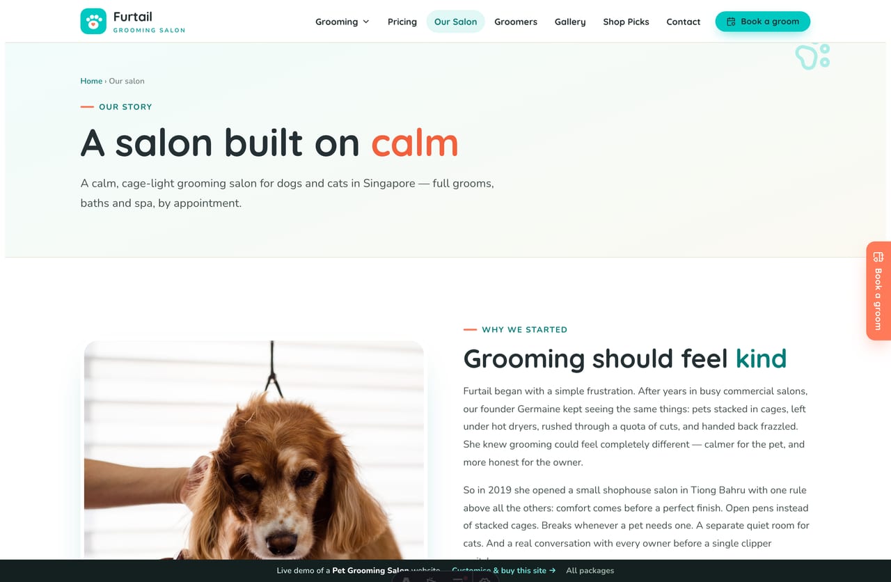 The About page for a Singapore grooming salon — founder story, stats band and the salon difference