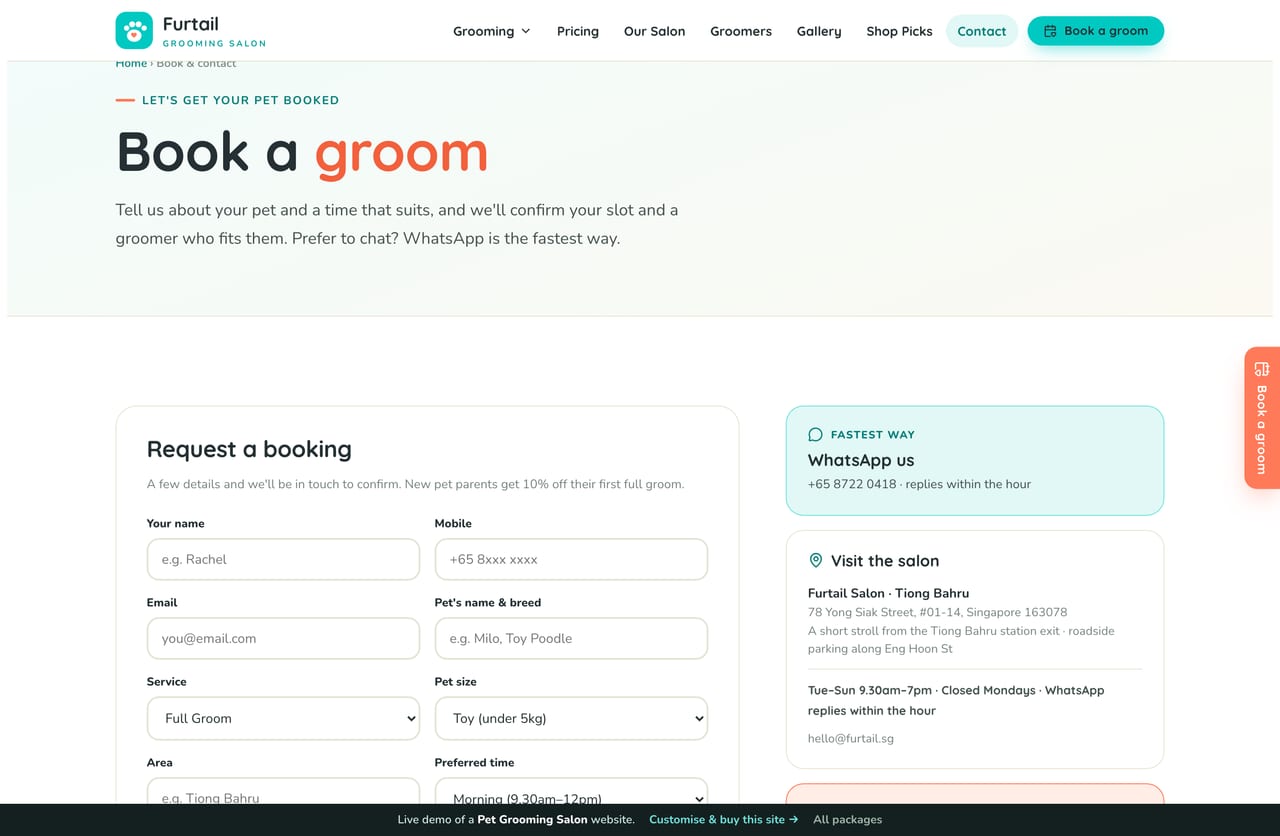 Book-a-groom page on the Furtail demo — a PDPA-aware booking form with pet, size, service and time