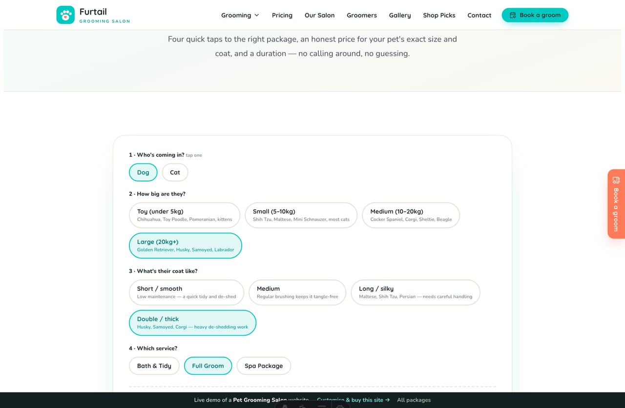 Groom Package Finder result on a Singapore pet-grooming site — a matched package with an indicative price, duration and a book CTA