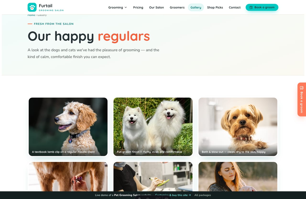 The gallery page on the Furtail demo — a grid of fresh-groom before/after photos of dogs and cats