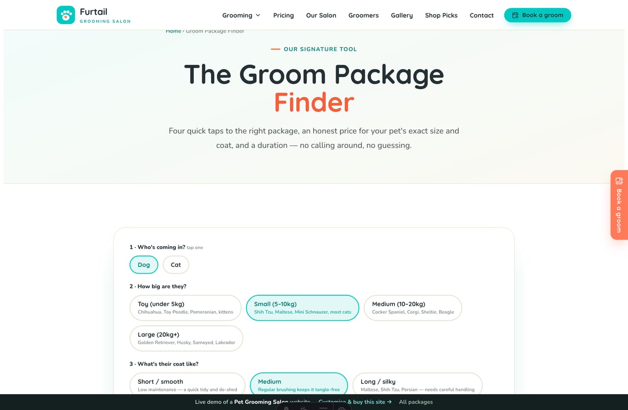 The interactive Groom Package Finder on the Furtail demo — pick pet type, size, coat and service to match a grooming package
