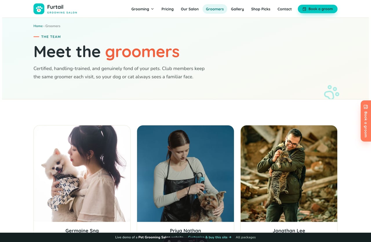 The groomers page on the Furtail demo — stylist profiles with photos, roles and specialities