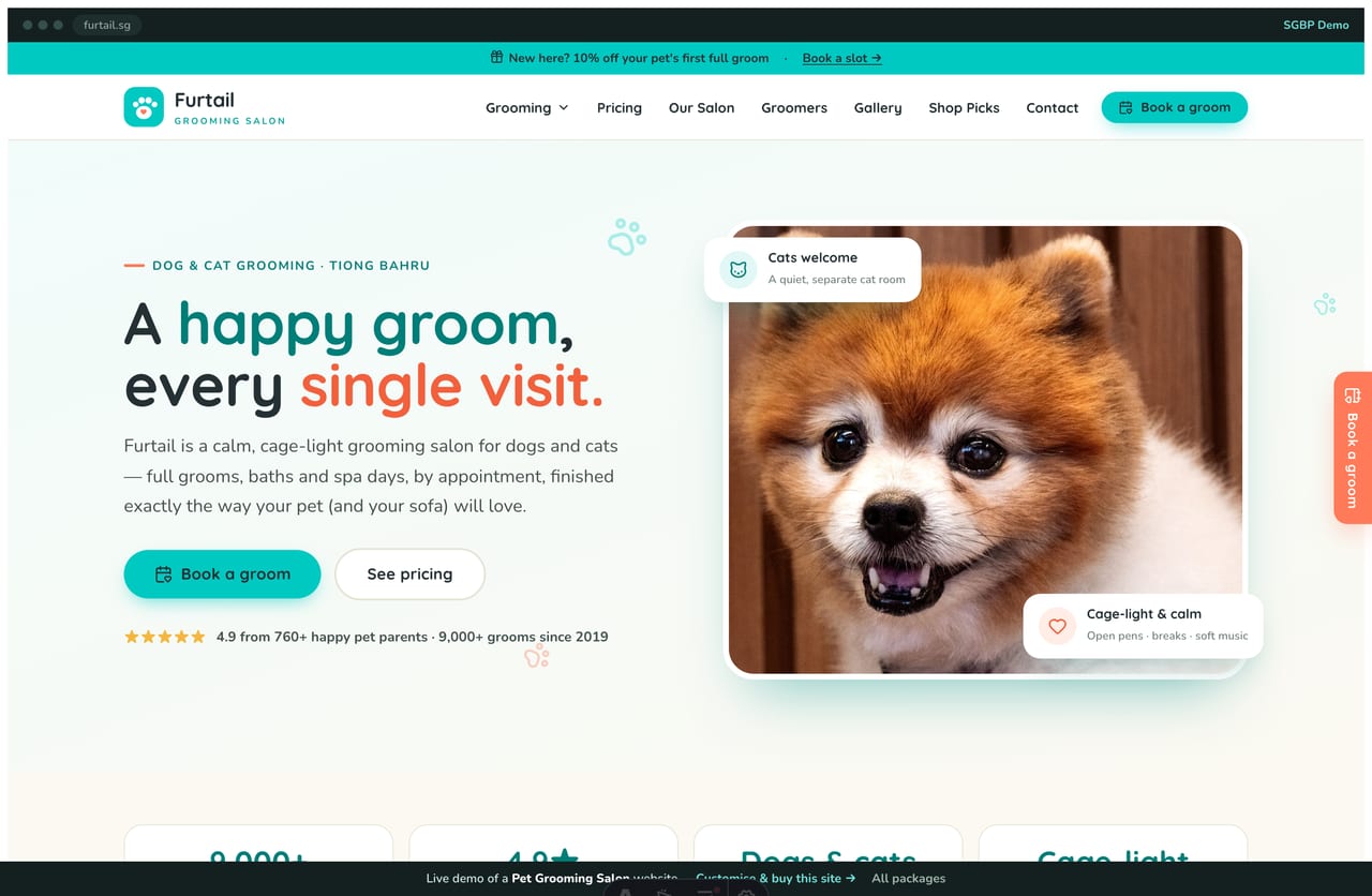 Furtail pet grooming salon Singapore website homepage demo — a teal and cream playful site with a happy-dog hero, rounded package cards and a groom finder