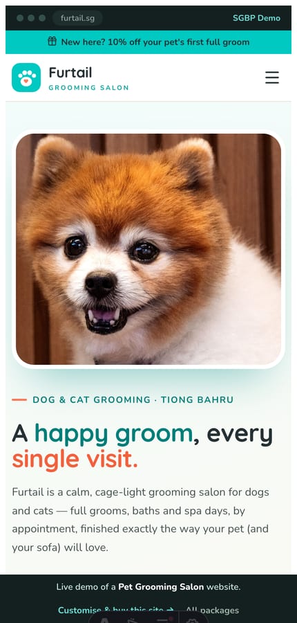 The Furtail pet grooming website on mobile — the playful hero and book-a-groom CTA at 430px