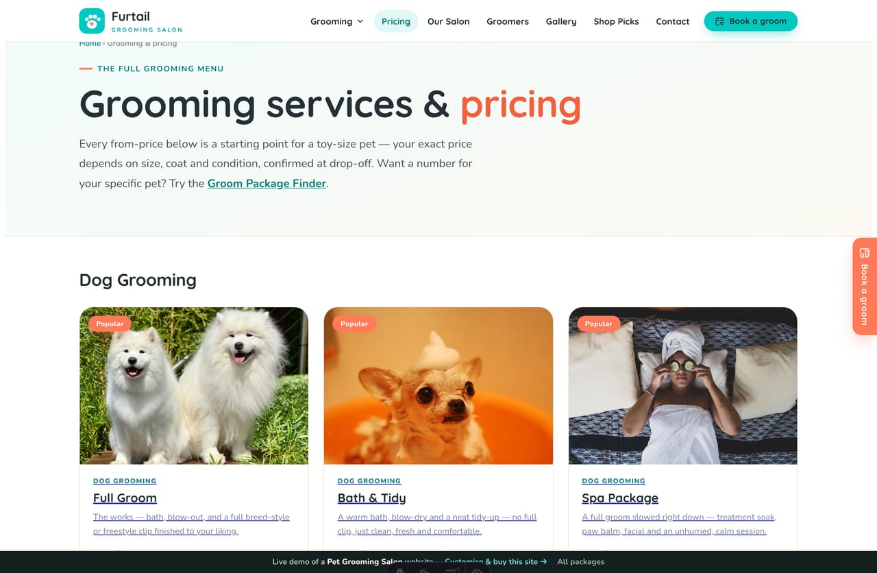 Grooming & pricing page on the Furtail demo — full grooms, baths, spa and cat grooming as rounded cards grouped by category