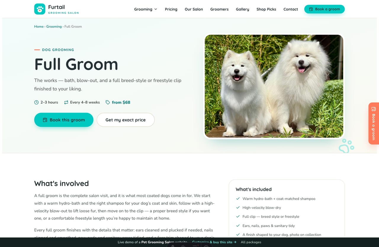 A grooming-package detail page on the Furtail demo — a teal-tint banner with what’s-involved and an includes sidebar