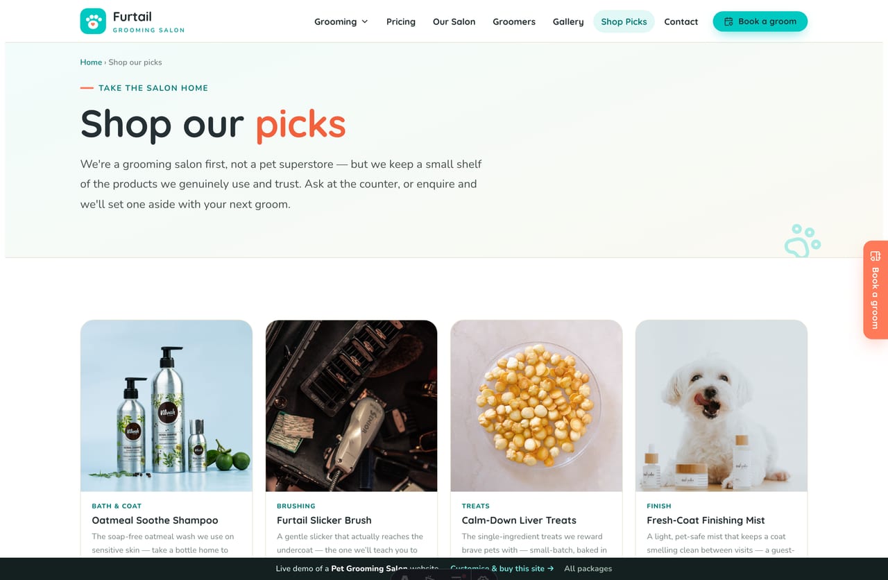 The Shop Our Picks page on the Furtail demo — a small retail strip of shampoos, brushes and treats with enquire CTAs (no cart)